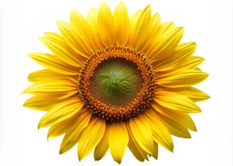 Fototapeta premium Vibrant yellow petals and dark center of a large sunflower isolated on a clean white background, perfect for nature, beauty, and summer-themed designs.