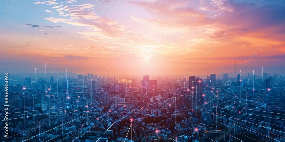 Poster Digital transformation concept with a city skyline overlaid with digital grid lines symbolizing connectivity