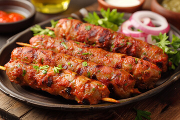 Grilled shish kebab, arabic kofta. Kofte kebab from mince lamb and beef meat on Skewer.