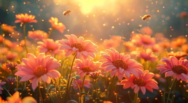 A secret garden of sugary flowers, with bees collecting nectar for honey treats, fairy tale