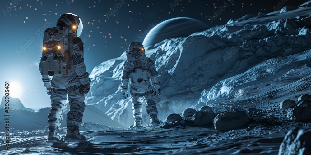 Poster Space exploration concept with astronauts in spacesuits exploring the surface of an alien planet