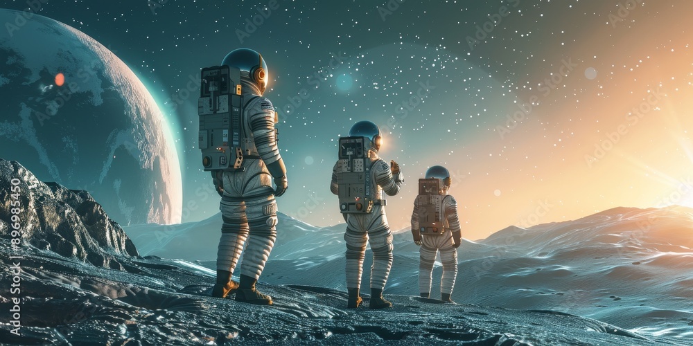 Poster Space exploration concept with astronauts in spacesuits exploring the surface of an alien planet