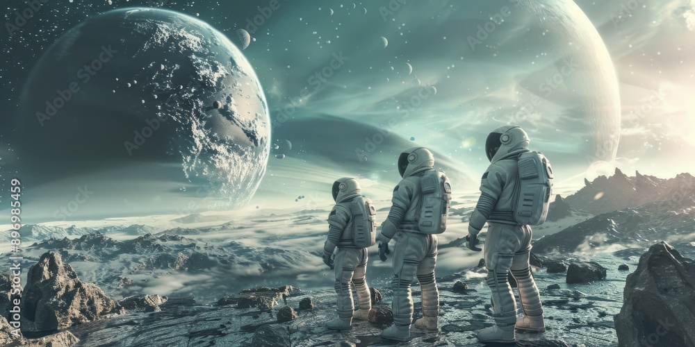 Aufkleber Space exploration concept with astronauts in spacesuits exploring the surface of an alien planet