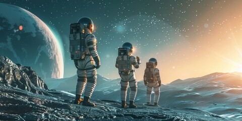 Obraz premium Space exploration concept with astronauts in spacesuits exploring the surface of an alien planet