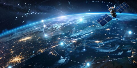 Fototapeta premium Global communication concept with a network of satellites orbiting Earth and connecting continents