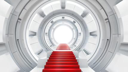 Fototapeta premium White background, a luxury red and white circular staircase is in the center with blank space, futuristic feel. atmosphere of technological sci-fi. 