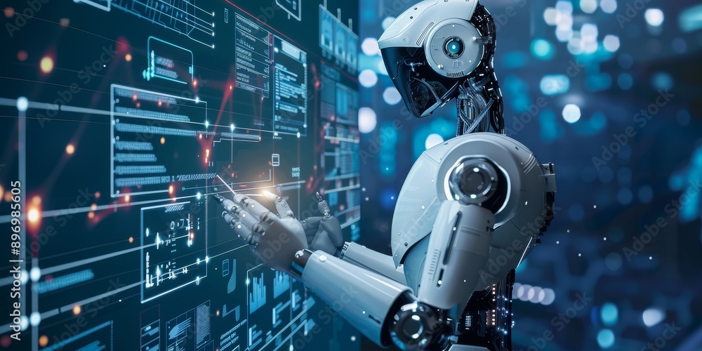 Poster Futuristic concept of artificial intelligence with a humanoid robot interacting with a digital interface