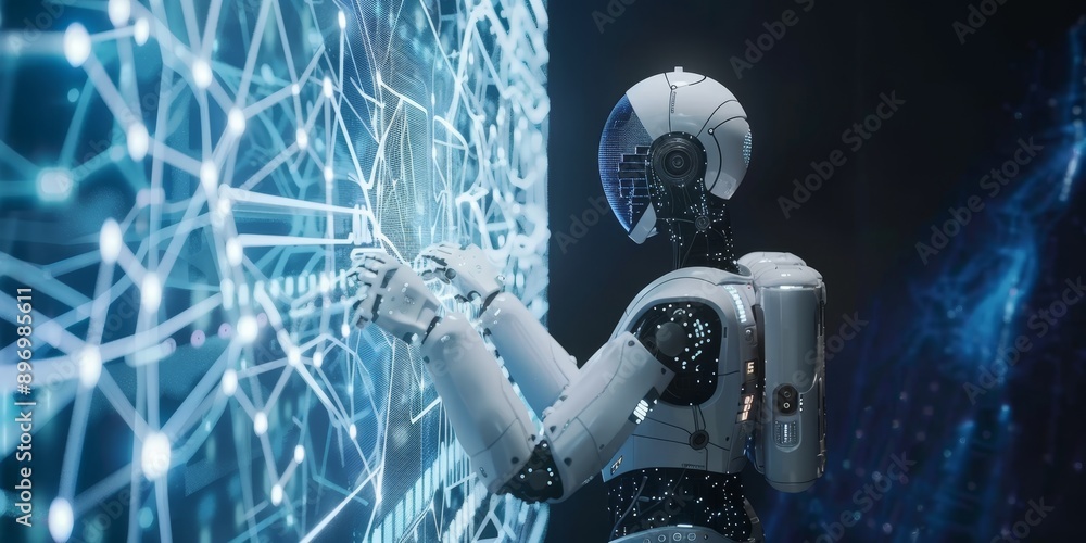 Poster Futuristic concept of artificial intelligence with a humanoid robot interacting with a digital interface
