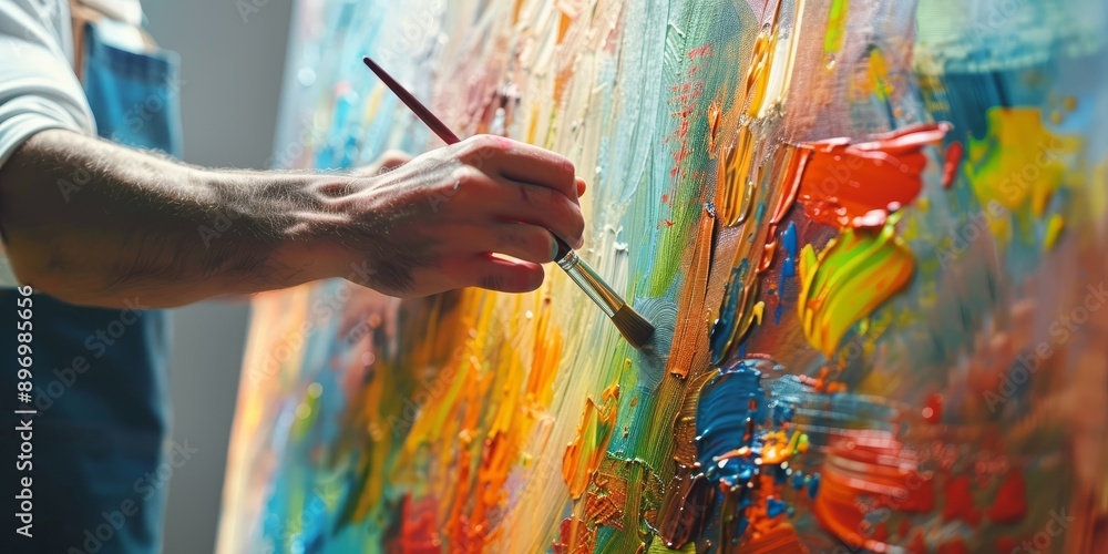 Poster concept of creativity with an artist painting colorful abstract art on a large canvas in a bright st