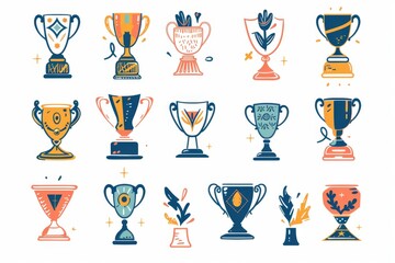 Trophy cups, golden goblet, silver reward, champion bowls. Contest winner award collection, prize cup