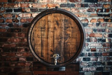 Old wooden barrel with a tap is standing on a wooden stand in a wine cellar with a brick wall