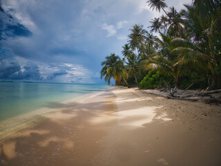 Untouched beautiful beach of Sikandang Island in Sumatra, where pristine sandy beaches meet crystal clear waters, framed by lush palm trees under a vibrant blue sky.