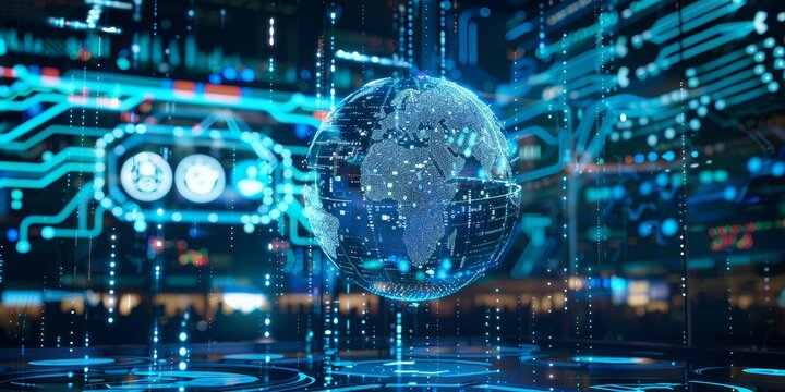Innovative technology concept with a floating holographic globe displaying digital data and connections