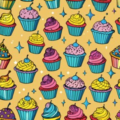 Seamless pattern of cupcakes with glittery frosting, Generative AI