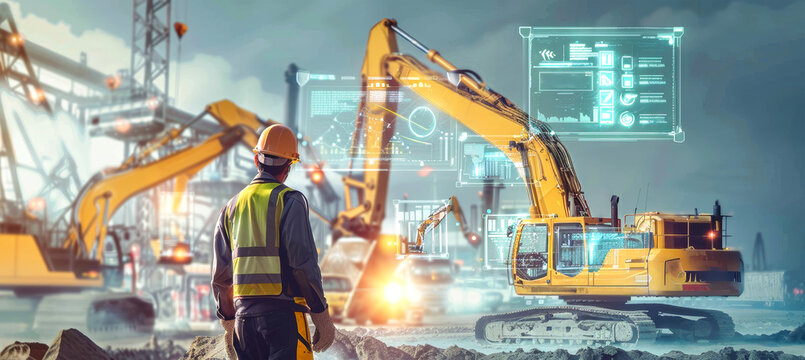 Construction worker in safety vest views real-time data on holographic screen in front of excavator, surrounded by machinery and cranes