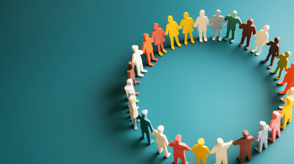 community support concept, paper people standing together and holding hands in circle, copy space, photography. 
