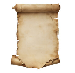 An old vintage blank scroll paper with writing isolated on a transparent background, taken from above with soft natural lighting and intricate details.