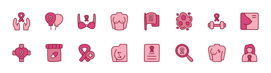 Set of breast cancer awareness icons. 16 sets of breast cancer awareness icons. Breast cancer awareness icons. Simple line color breast cancer awareness icons