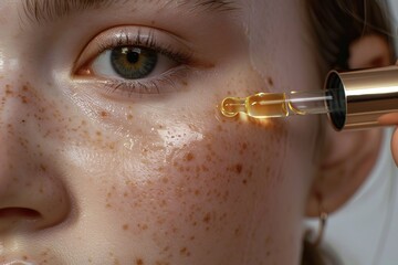 Macro shot of an eye with green iris as a dropper applies serum drops to the delicate skin, representing a focused skincare routine and promoting hydrated, healthy skin.