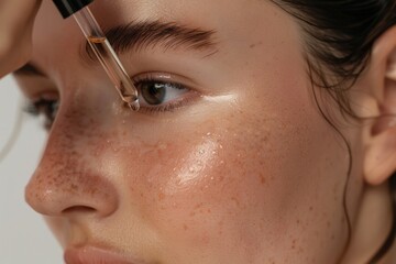 Fototapeta premium A blurry image focused on applying the serum to the skin with a dropper, highlighting the skincare routine and capturing the essence of self-care and rejuvenation concept.