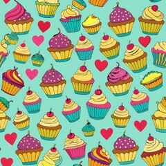 Seamless pattern of cupcakes with heart-shaped toppings, Generative AI