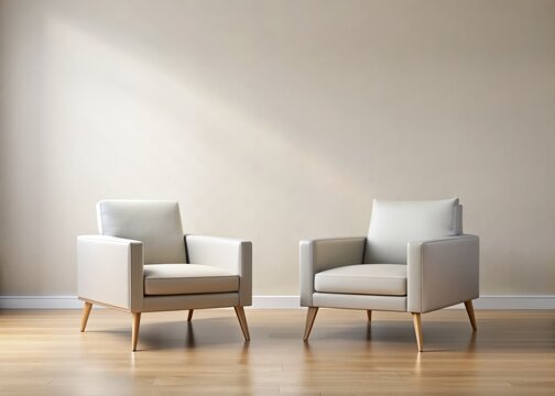 Two modern armchairs stand alone in a sleek, minimalist studio setting, surrounded by neutral background, ideal for adding text or graphics, evoking a professional meeting atmosphere.