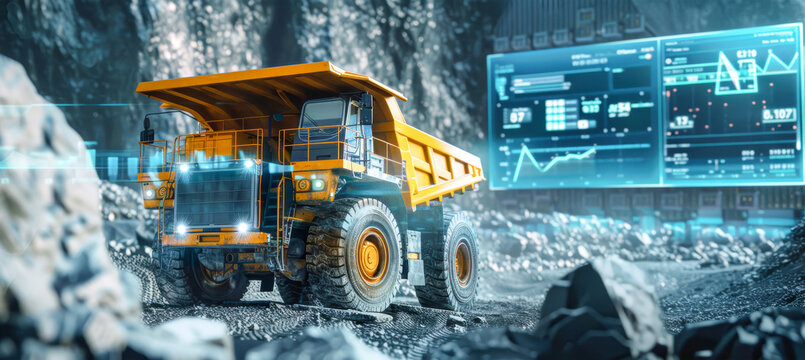 A yellow dump truck navigates a rocky landscape, its digital twin overlaid with data visualizations in a futuristic setting