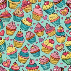Seamless pattern of cupcakes with heart-shaped toppings, Generative AI
