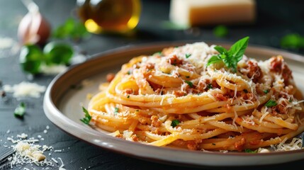 Delicious plate of pasta with cheese and meat on dark backdrop