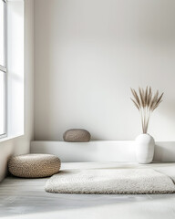 Serene minimalist room interiors in soft colors with minimal zen decor and copy space. Relaxing Real Estate interiors.