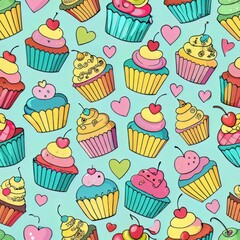 Seamless pattern of cupcakes with heart-shaped toppings, Generative AI