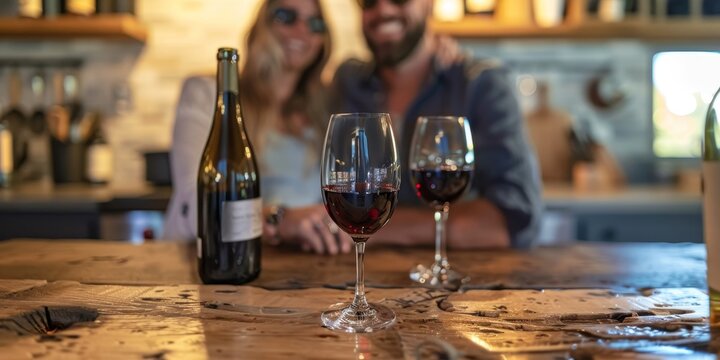 A couple enjoying a wine tasting experience in the kitchen, with glasses and bottles on a rustic wooden table