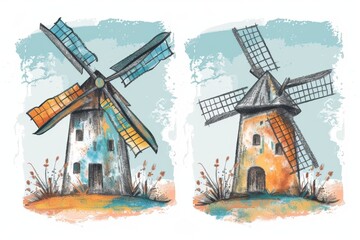 Obraz premium Windmill mill icon, rural countryside mill symbol, wind mill building emblem on white background
