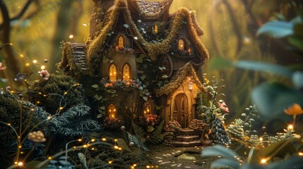 Obraz premium A whimsical forest cottage with glowing windows, a thatched roof, and lush greenery during dusk, creating a warm and inviting atmosphere with fairytale essence.