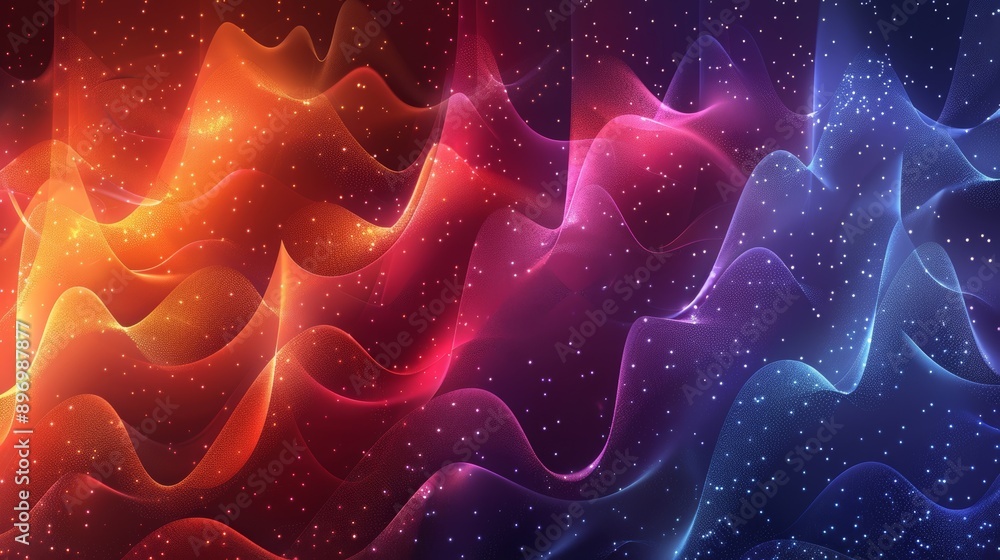 Poster abstract wavy background with glowing particles.