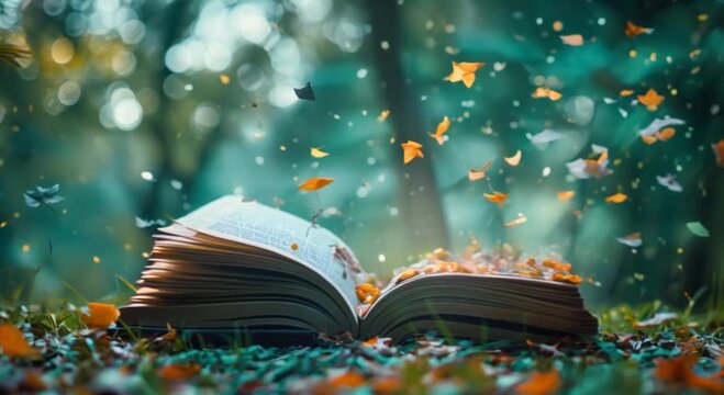 A book is open to a page with a lot of leaves falling out of it