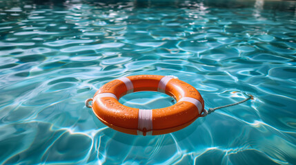 An orange lifebuoy floating on the clear blue water of a pool.