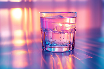 Water and ice poured into a glass reflecting colorful light