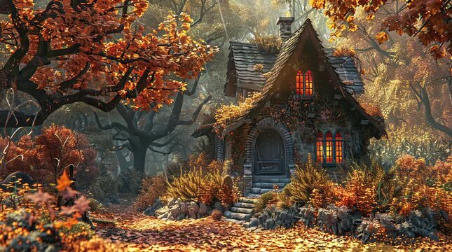  Fantasy house nestled in an autumn forest, surrounded by vibrant fall foliage and creating a magical and enchanting atmosphere with Seamless looping 4k time-lapse virtual video animation Generated AI