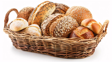 Bread and rolls in wicker basket on white background, Bread on basket on white background, Bread together, Showcasing Freshness in the Bread Basket On Transparent Background.