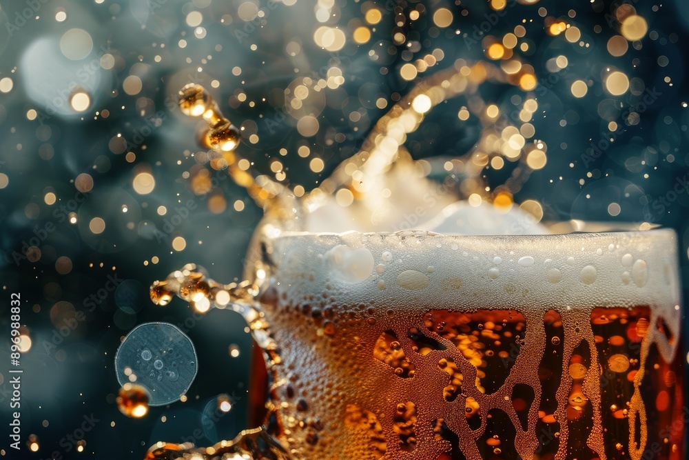 Aufkleber glass of cold beer overflowing with bubbles and foam splashing on dark background with golden bokeh 