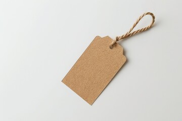 A plain brown tag attached to a simple twine, placed on a white surface, creates an elegant and minimalistic design, often used for branding or gifting purposes.