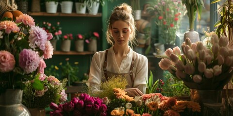 A cute florist arranging a bouquet of flowers with care and precision in a flower shop, surrounded by blooms