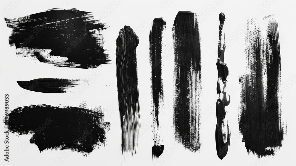 Poster A collection of dynamic and varied black brush strokes spread across a pristine white background, showcasing diverse textures and densities, conveying movement and artistic emotion.