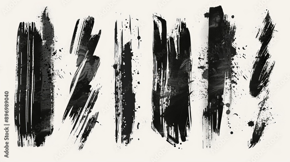 Leinwandbilder A compelling abstract digital artwork displaying expressive black brush strokes on a white background, capturing movement and emotion through varied textures and patterns.