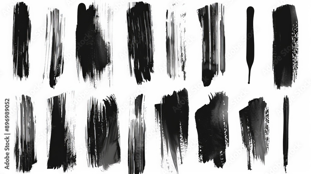 Leinwandbilder An array of different black brush strokes on a light background, offering a study in contrast and texture with a variety of artistic styles in a compact visual format.