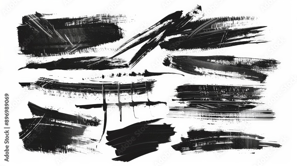 Poster an assemblage of various black brush stroke patterns on a white canvas, featuring a wide range of te