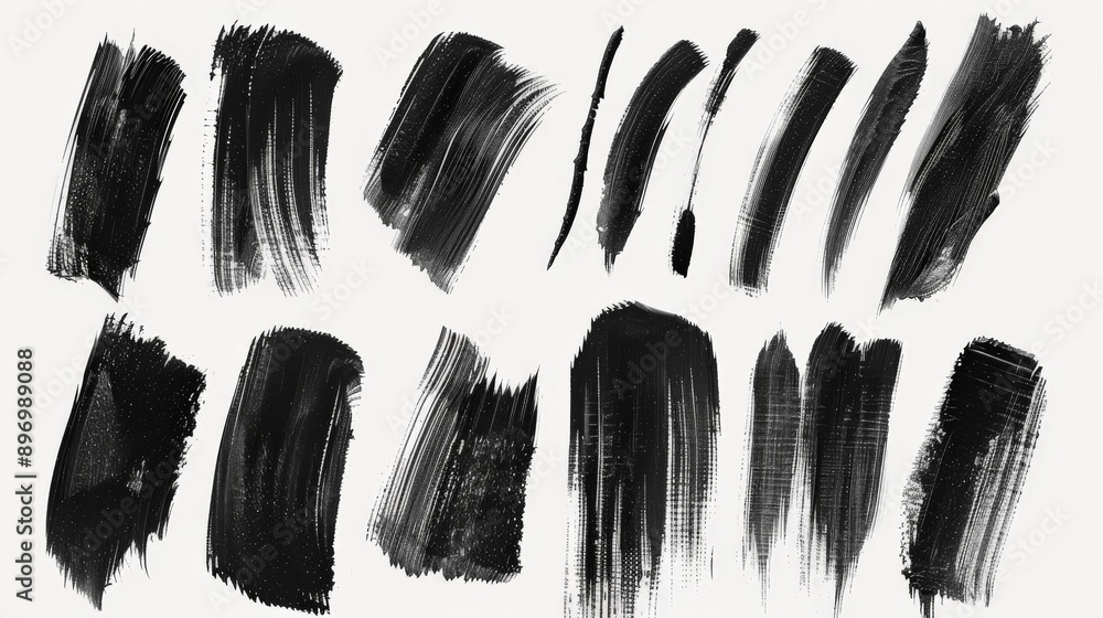 Poster A collection of various black brush strokes on a white background showcasing different techniques and textures. Ideal for artistic, design, and creative projects.