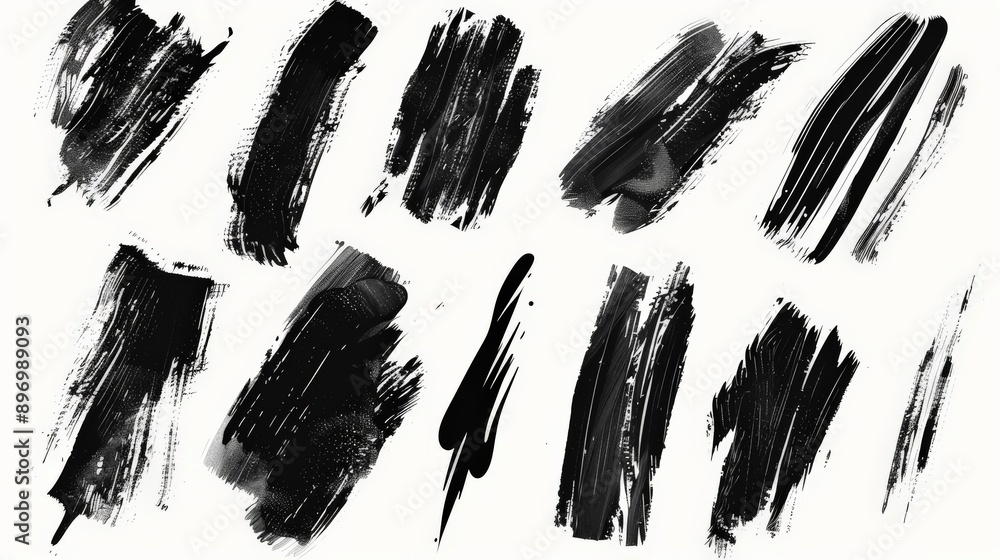 Aufkleber Diverse set of black brushstrokes on a white background representing an array of artistic techniques and forms, perfect for creative projects and visual design inspiration.