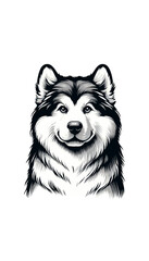 アメリカのアラスカン・マラミュートのモノトーン画像。大型で力強く、そり犬として知られる。